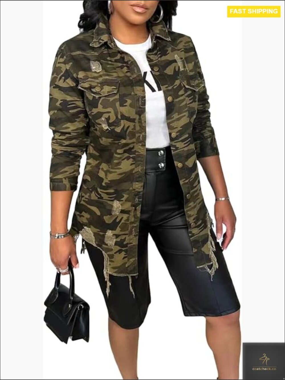 Women's Ripped Camo Jacket Casual Army Fatigue Button Down Utility Coat Plus - Picture 1 of 6